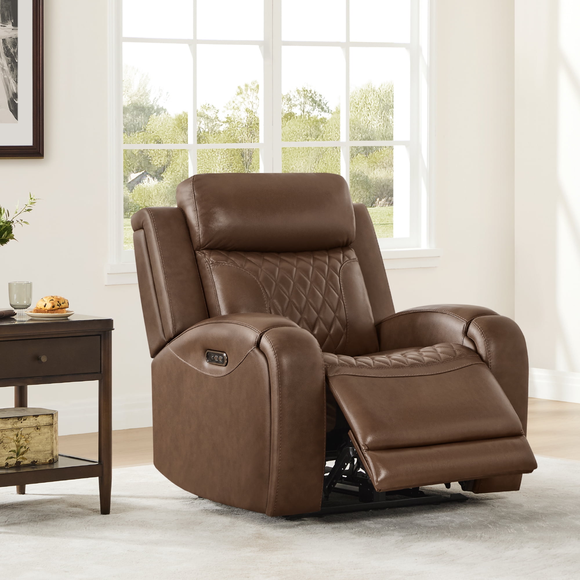 Spruce & Spring Leather Dual-Motor Lay Flat Recliner with Diamond Quilting, Cafe