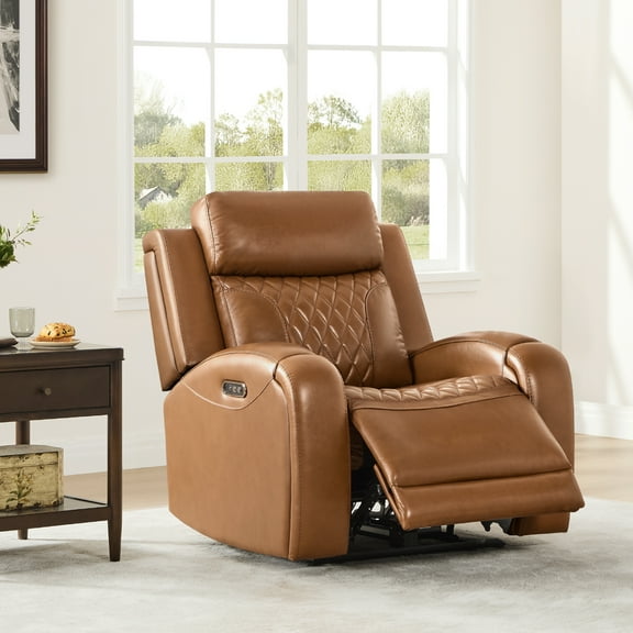 Spruce & Spring Leather Dual-Motor Lay Flat Recliner with Diamond Quilting, Saddle
