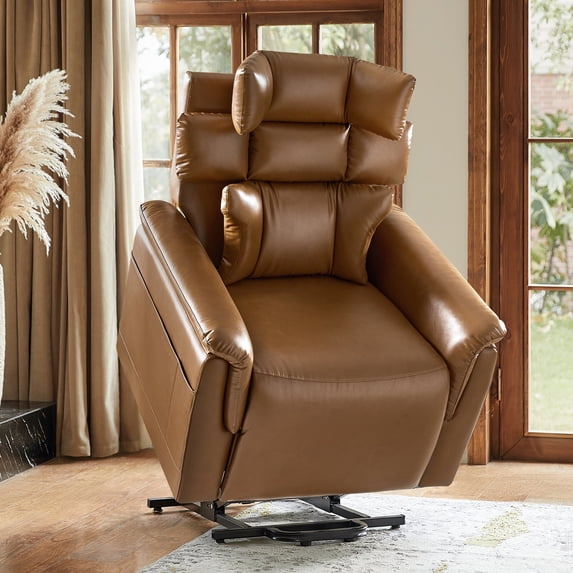 Power Lift Leather Recliner Chair with Lumbar Support and Adjustable Headrest for Elderly Camel
