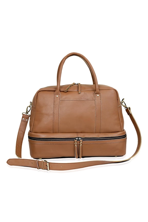 Leather Duffel Bag for Men & Women, Genuine Weekender Travel Bag, Handmade Overnight Gym Bag with Shoulder Strap, Carry-On for Business & Outdoor Travel (WOMEN STYLO DUFFEL, camel brown, 16 Inch)