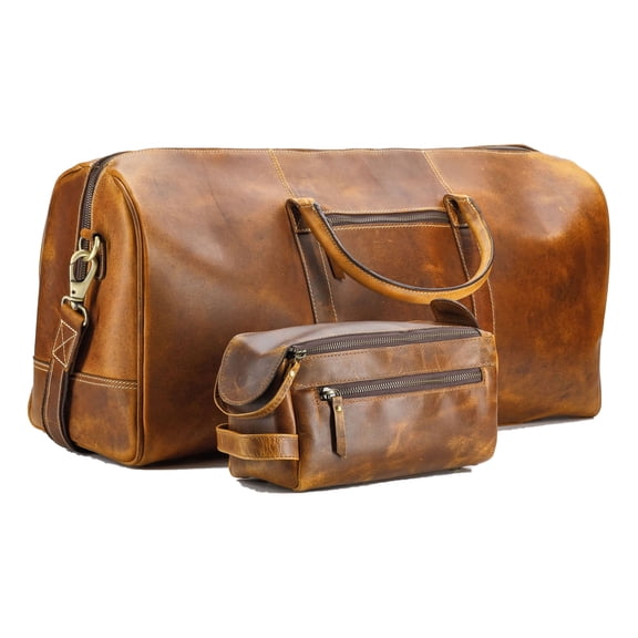 Men’s Full Grain Buffalo Leather Duffel Bag with Toiletry Kit – 24" Handmade Weekender Travel Bag with YKK Zippers & Brass Hardware