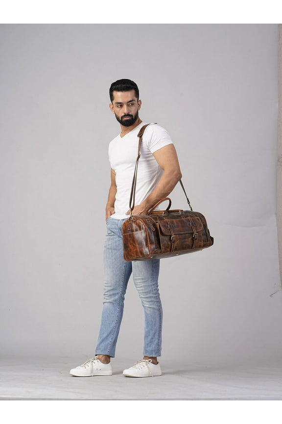 Leather Duffle Bag with Shoe Compartment Vacation Travel Duffel Bag Mens Weekender Bag Carry-on Luggage Bag Personalized Gift for Husband