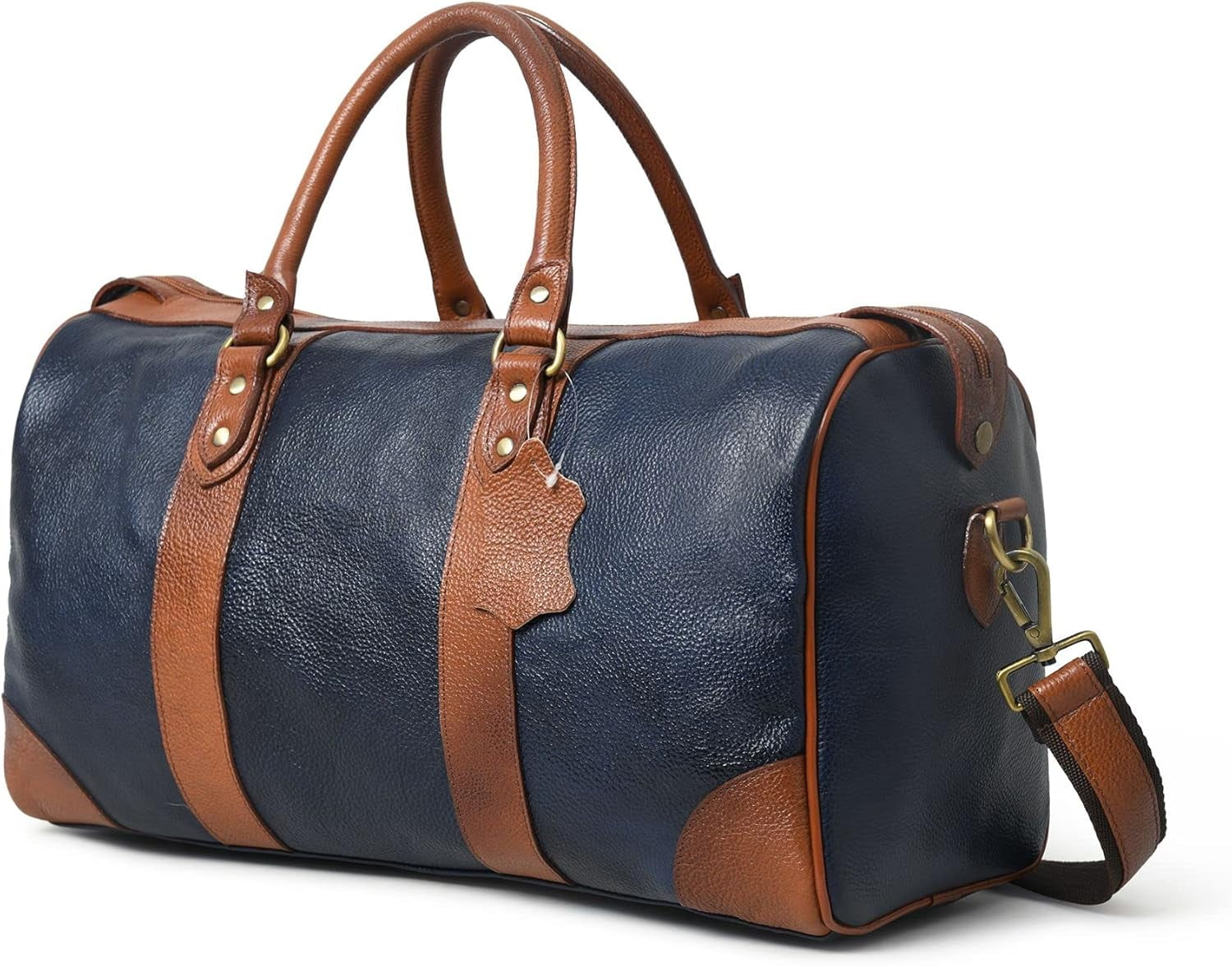 Leather Duffle Weekender Bag 18" – Handmade Soft Cowhide Travel Duffel for Men & Women with Brass Fittings, Navy Blue