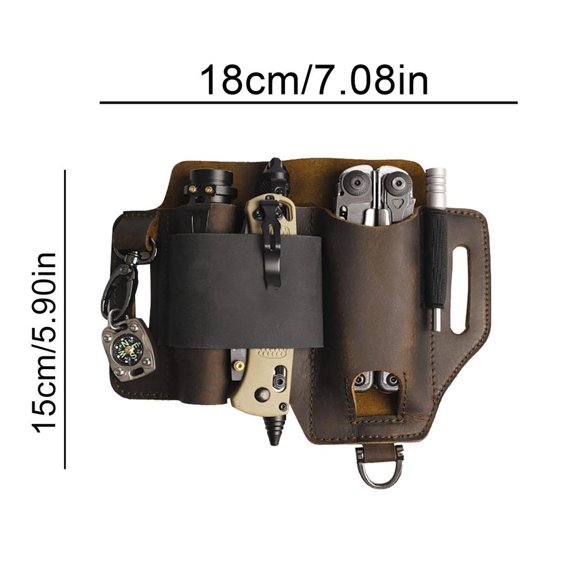 Leather EDC Organizer Holster Multi-Pocket Compact With Belt Clip For Knives, Multitools, Car Keys Genuine Cowhide Outdoor Tactical