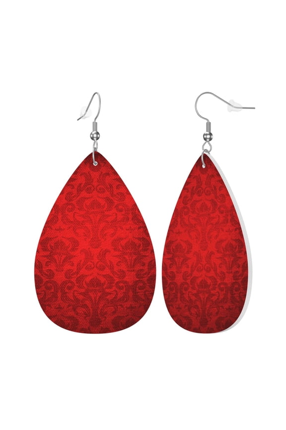 Leather Earrings Dangle Drop For Women Red Damask Teardrop Earrings Lightweight Gifts