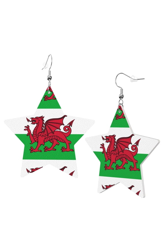 Leather Earrings Welsh Dragon Flag Decorative Star Faux Leather Earring Lightweight Dangle Drop Earrings For Women