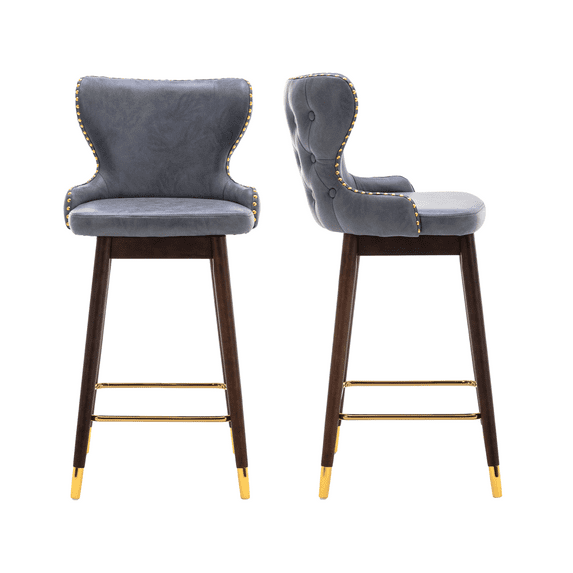 Leather Fabric 29.9" Bar Stools, Modern Kitchen Stools with Wingback and Footrest, Upholstered Bar Chairs Solid Wood Leg for Kitchen , Tufted Gold Nailhead Trim Gold Decoration (Set of 2)