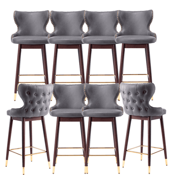 Leather Fabric 29.9" Bar Stools, Modern Kitchen Stools with Wingback and Footrest, Upholstered Bar Chairs Solid Wood Leg for Kitchen , Tufted Gold Nailhead Trim Gold Decoration (Set of 8)