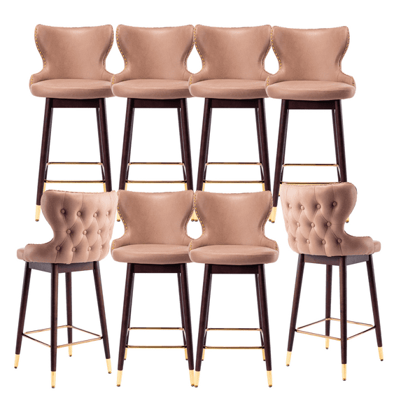 Leather Fabric 29.9" Bar Stools, Modern Kitchen Stools with Wingback and Footrest, Upholstered Bar Chairs Solid Wood Leg for Kitchen , Tufted Gold Nailhead Trim Gold Decoration (Set of 8)