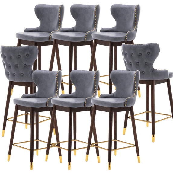 Leather Fabric Bar Stools, 29.9" Bar Stool with Back, Solid Wood Legs, Footrest, Kitchen Bar Chair for Home Island Breakfast, Tufted Gold Nailhead Trim Gold Decoration Bar Stools (Set of 8)