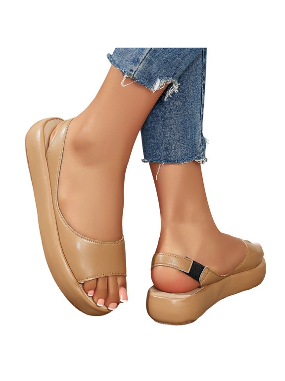 Leather Falt Sandals for Women Slip on Platform Shoes Ladies Casual Walking Dressy Sandal Summer Outdoor Work Travel Slides Khaki 9