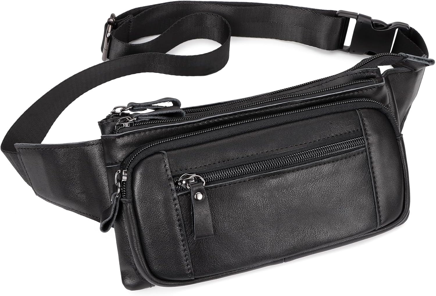 Leather Fanny Pack for Men Women, Belt Bag Fashion Waist Packs Small Crossbody Bag with Adjustable Strap for Travel Sport Walk (Black)