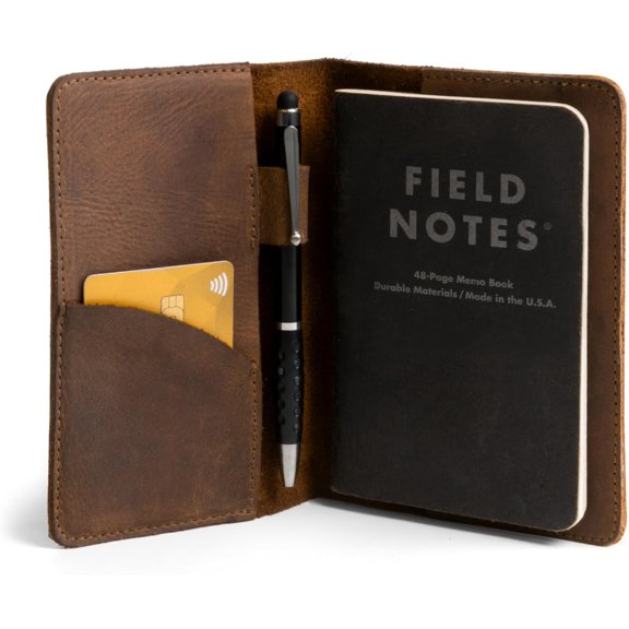 Leather Field Notes Cover, Notebook Cover 3.5 x 5.5 in. with Card and Pen Holder, Handmade Protective Storage for Pocket Journal Book & Notebooks, Notepad Wallet Travelers (Bourbon Brown)
