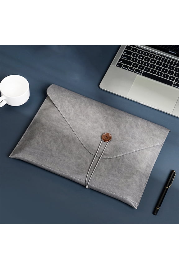 Leather File Folder A4 Document Organizer Portfolio Briefcase - Gray Button Business Office Storage Portable Large Capacity Case for Men Women