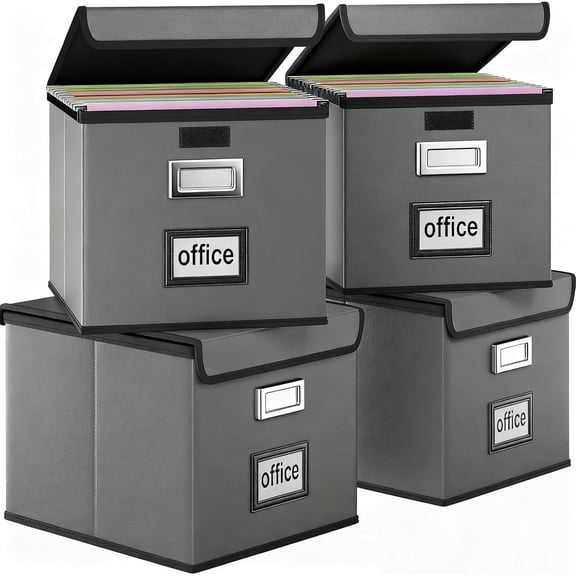 Leather File Organizer Box with Lid, Dark Gray, 4-Pack (No Folders), Dustproof Document Storage for Hanging Files