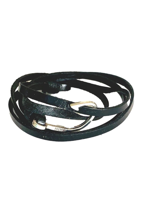 Leather Fish Hook Black Bracelet Wrap Cuff Nautical Rope Mens Womens Wristband