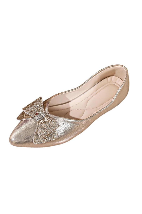Leather Flats for Women Bling Rhinestone Bowknot Pointed Toe Non Slip Comfort Slip on Wedding Dress Ballet Flats Shoes