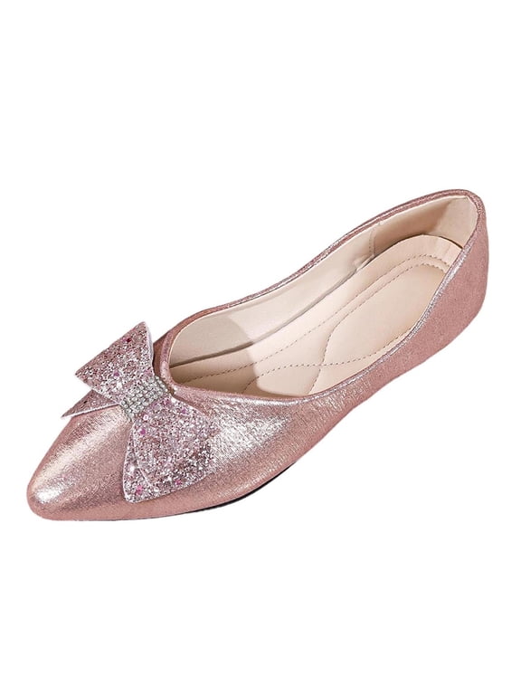 Leather Flats for Women Bling Rhinestone Bowknot Pointed Toe Non Slip Comfort Slip on Wedding Dress Ballet Flats Shoes
