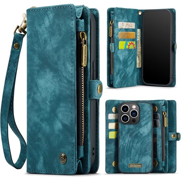 Leather Flip Wallet Case for iPhone 13 Pro,Detachable Back Magnetic Closure 2-in-1 Shockproof Zipper Purse Cover with Card Slots (Blue)