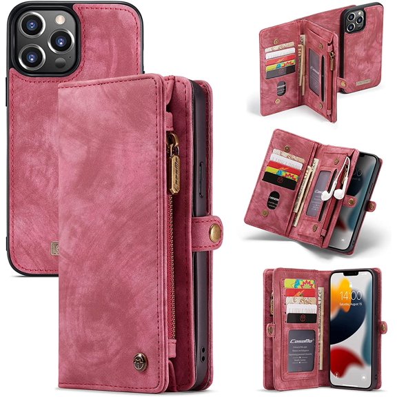 Leather Flip Wallet Case for iPhone 13 Pro,Detachable Back Magnetic Closure 2-in-1 Shockproof Zipper Purse Cover with Card Slots (Red)
