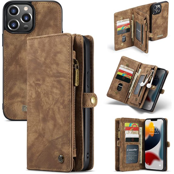 Leather Flip Wallet Case for iPhone 13 Pro Max,Detachable Back Magnetic Closure 2-in-1 Shockproof Zipper Purse Cover with Card Slots (Coffee)