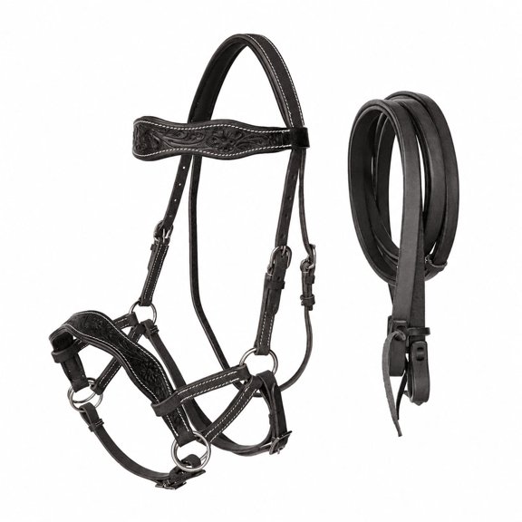 Leather Floral Bitless Sidepull Bridle Split Reins 77RS28BK