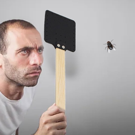 Wooden Handle Leather Fly Swatter For Indoor Home Use With Convenient Hanging Storage Option