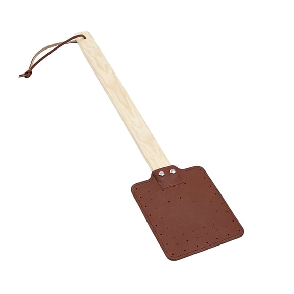 Leather Fly Swatter with Long Wooden Handle & Hanging Loop, Indoor Outdoor Pest Control Tool for Mosquito Wasp and Insect