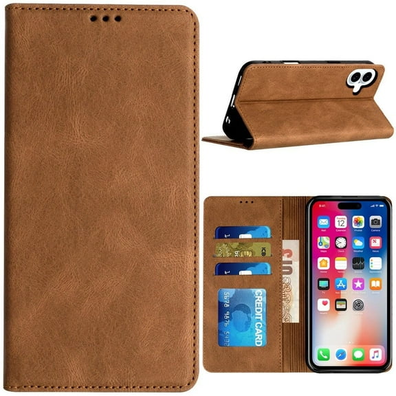 Leather Folio Wallet Case for iPhone 16 - Brown