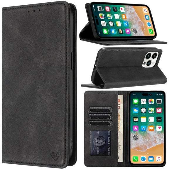 Leather Folio Wallet Case for iPhone 16 Pro Max - Black