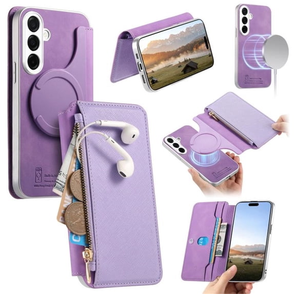 Leather For Samsung Galaxy S25 5G Case 6.2 inch ,With Card Holder Zipper Bills Slot, Soft PU Leather Magnetic Wallet Case,Purple,For Galaxy S25 (5G)