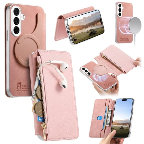 Leather For Samsung Galaxy S25 FE 5G Case With Card Holder Zipper Bills Slot, Soft PU Leather Magnetic Wallet Case,Pink,For Galaxy S25 FE 5G