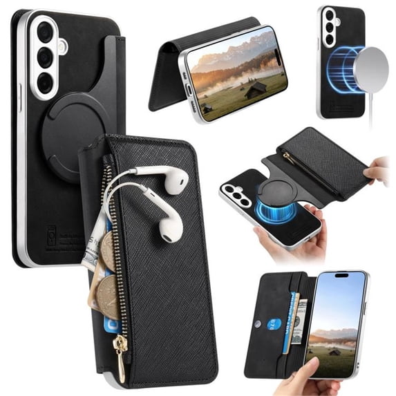Leather For Samsung Galaxy S25 Plus 5G Case With Card Holder Zipper Bills Slot, Soft PU Leather Magnetic Wallet Case,Black,For Galaxy S25 Plus 5G