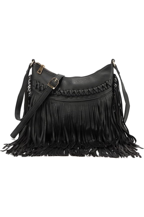 Leather Fringe Purse for Women Trendy Western Tassel Crossbody Bag Hobo Black Messenger Bag