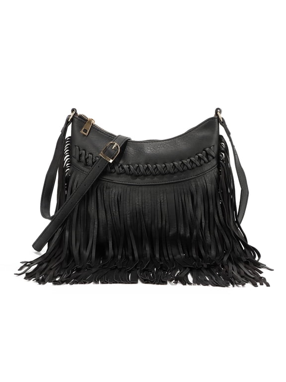 Leather Fringe Purse for Women Trendy Western Tassel Crossbody Bag Vintage Hobo Black Shoulder Messenger Bag