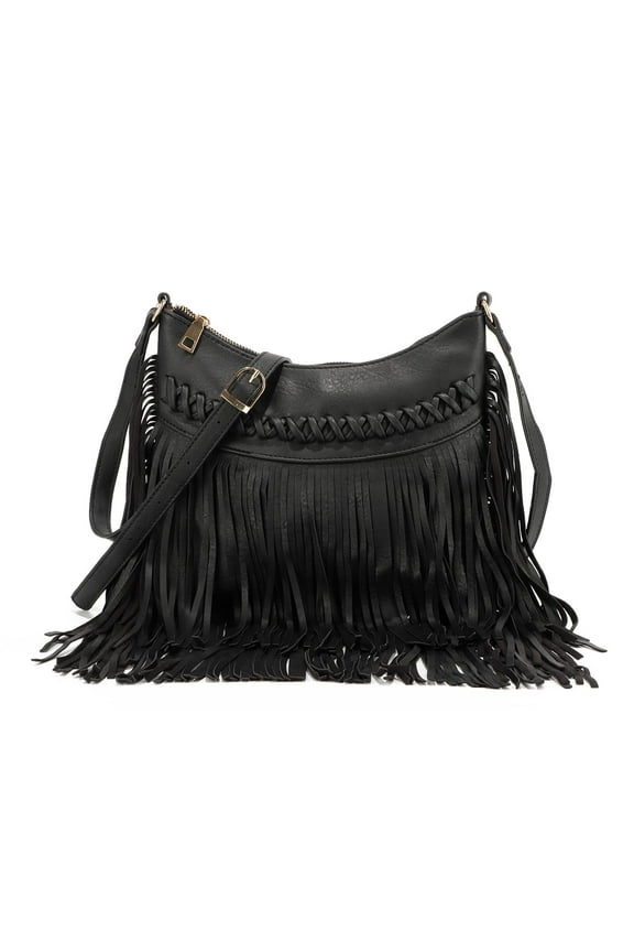 Leather Fringe Purse for Women Trendy Western Tassel Crossbody Bag Vintage Hobo Black Shoulder Messenger Bag