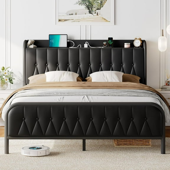 Leather Full Size Bed Frame with Fast Charging Station,Full Metal Platform Beds with Upholstered Headboard & Footboard,12" Underbed Storage Space,Easy Assembly,Noise-Free,Black