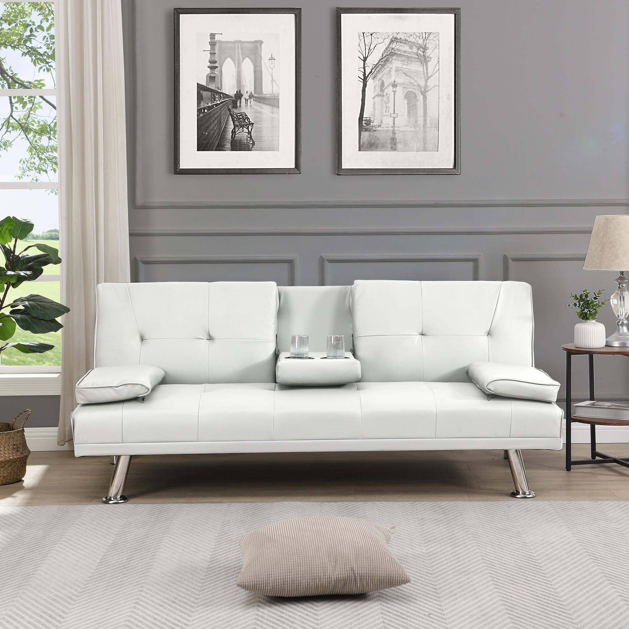 Leather Futon Sofa Bed Convertible Folding Couch Modern Faux Leather with Cupholders and Pillows