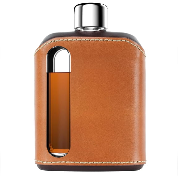 Leather Glass Hip Flask for Men & Women  Durable Whiskey & Liquor Flask, Premium Authentic Leather Cover, Ideal Glass Flask  Double Shot 8oz (240ml), Dark & Tan