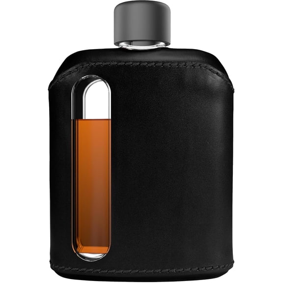Leather Glass Hip Flask for Men & Women Durable Whiskey & Liquor Flask, Premium Genuine Leather Cover, Ideal Glass Flask Double Shot 8oz (240ml), Black