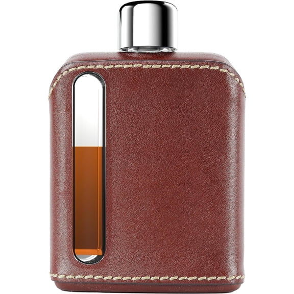 Leather Glass Hip Flask for Men & Women  Modern Whiskey & Liquor Pocket Flask, Durable Genuine Leather Cover, Ideal Glass Flask  Single Shot 3.4oz (100ml), Dark Brown