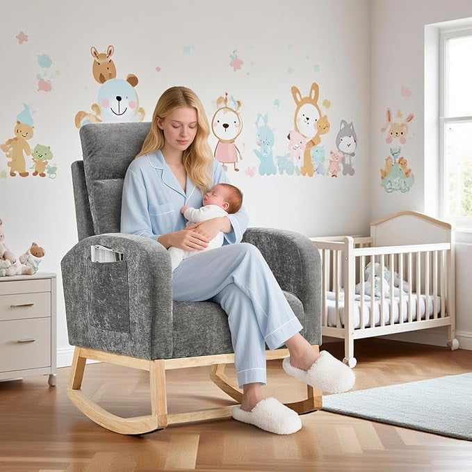 Leather Glider Chair, Modern Rocking Chair, Nursery Faux Leather Glider Chair with Rubber Wood Legs and Side Pocket, Rocking Accent Armchair for Living Room, Bedroom, Dark gray