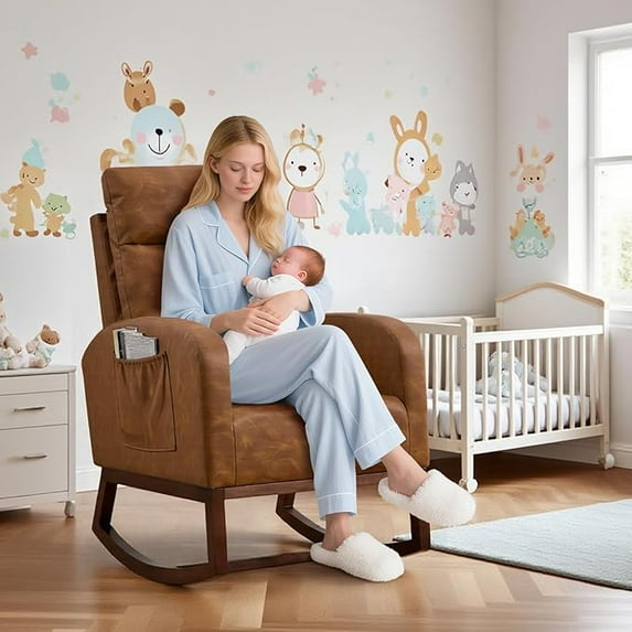 Leather Glider Chair, Modern Rocking Chair, Nursery Faux Leather Glider Chair with Rubber Wood Legs and Side Pocket, Rocking Accent Armchair for Living Room, Bedroom, Brown