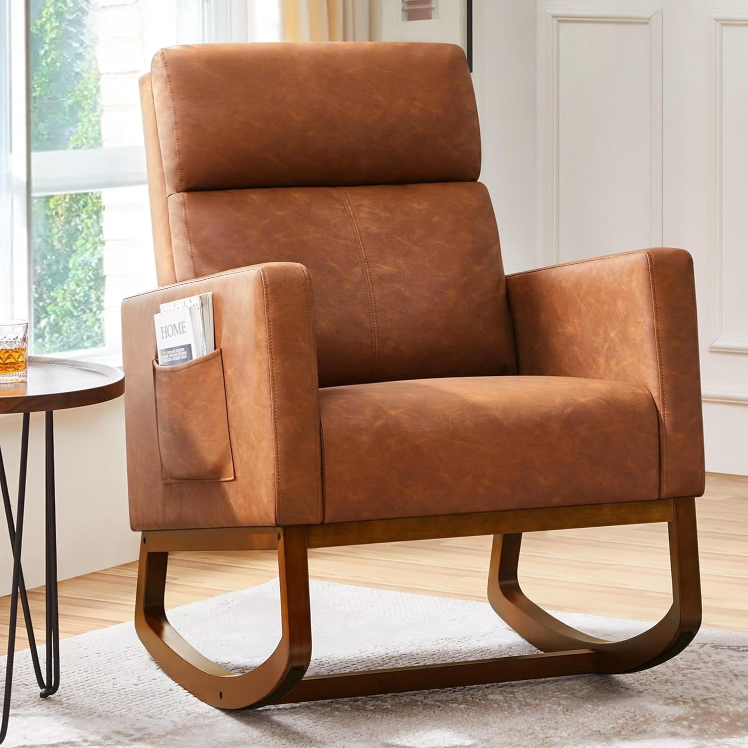 Leather Glider Chair, Modern Rocking Chair, Nursery Faux Leather Glider Chair with Rubber Wood Legs and Side Pocket, Rocking Accent Armchair for Living Room, Bedroom, Brown