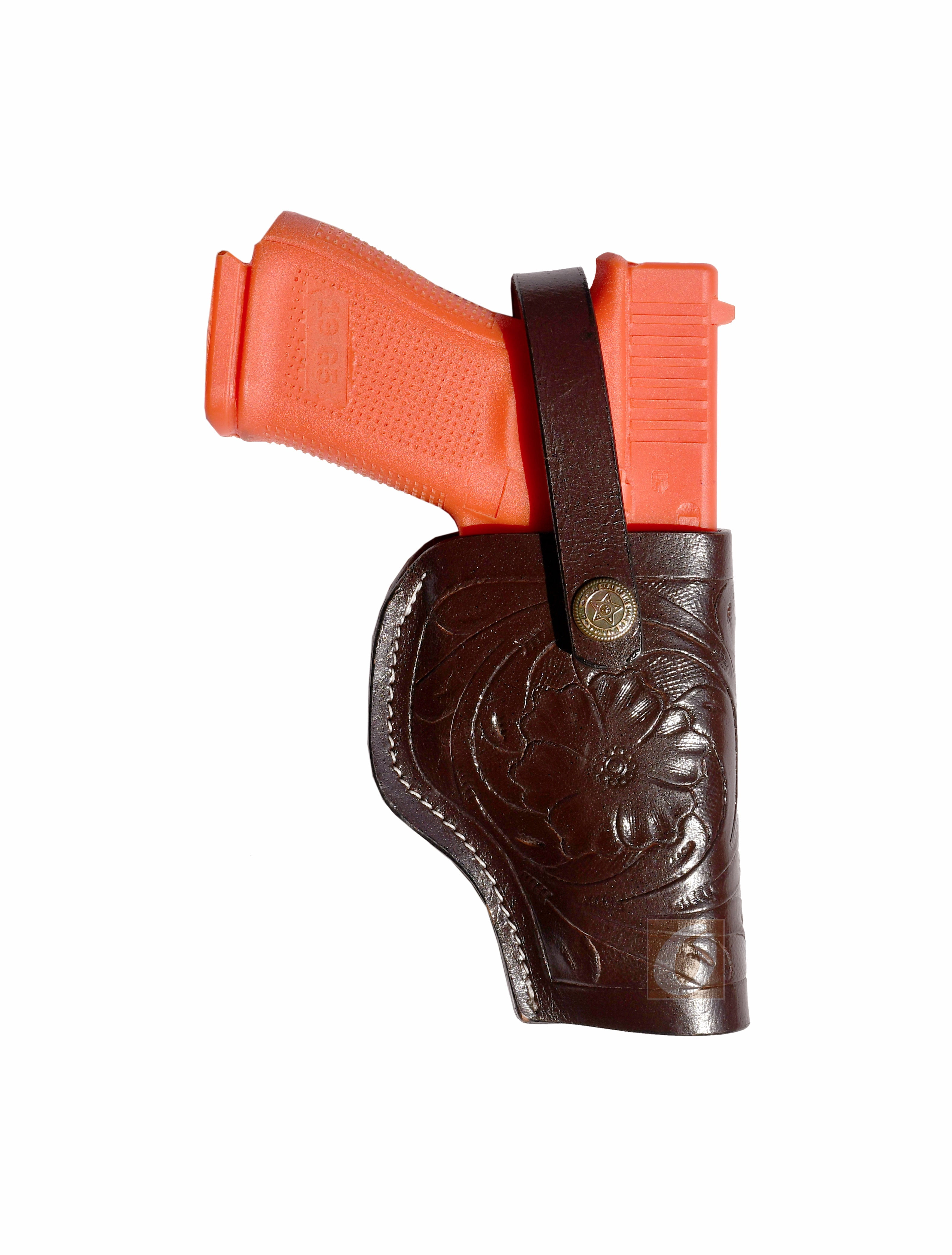 Leather Glock Holster G17 G19 Pistol Western Floral Tooled Brown - Right Hand