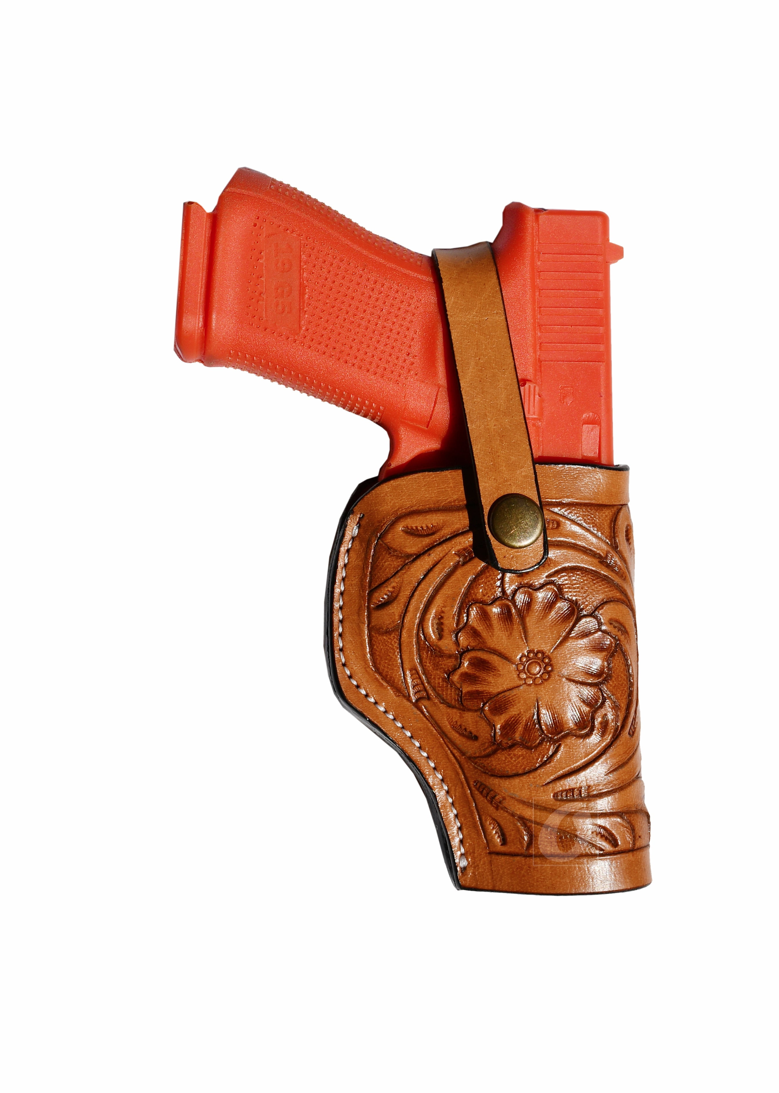 Leather Glock Holster G17 G19 Pistol Western Floral Tooled Tan - Right Hand