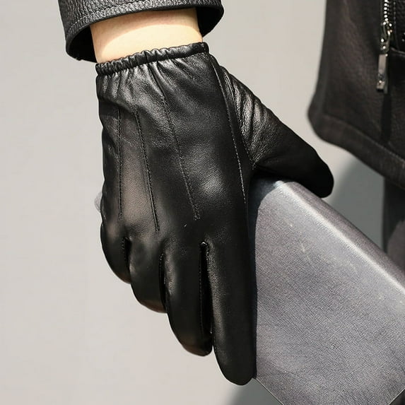 Leather Gloves Men's Autumn And Winter Plus Velvet Padded Warm Driving Motorcycle Touch Screen Sheepskin Gloves Black (thin) L