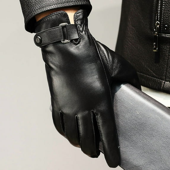 Leather Gloves Men's Winter Warm Leather Gloves Riding Motorcycle Driving Thin Plus Velvet Padded Sheepskin Gloves Black (plus velvet) M