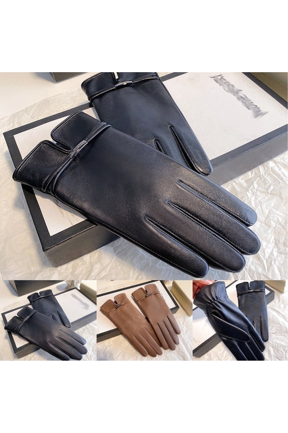 Leather Gloves for Cold Weather Male Female Winter Warm Solid Color Versatile Windproof Thick Soft Unisex Mittens Coffee M