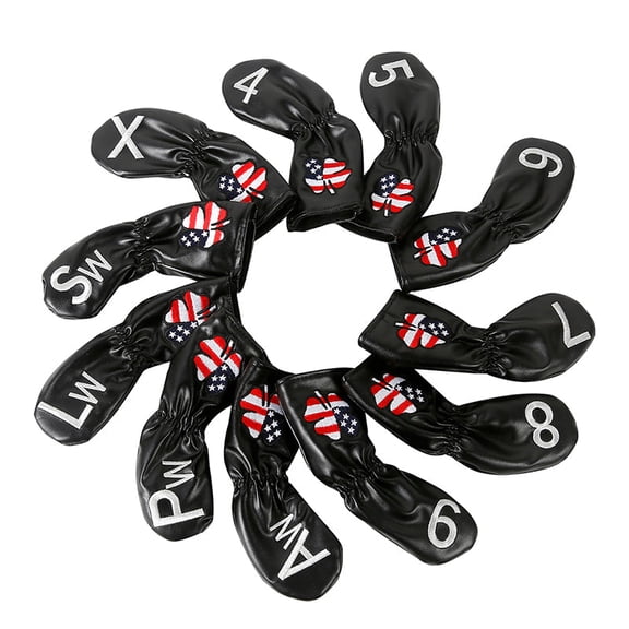 Leather Golf Club Iron Head Covers 11 Piece Set USA Clover Headcover Protector Black with White
